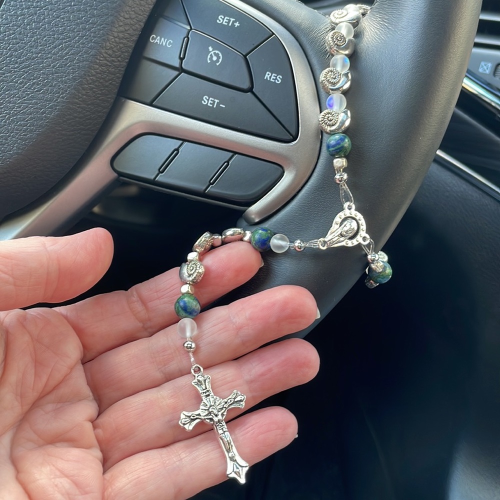 NWT Hand Strung Car Rosary - Silver, Glass & Jasper Beads